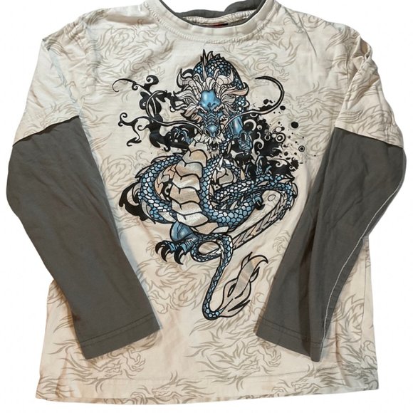 👣 5/$25 - Taupe/Cream Long Sleeve T-Shirt w/ Dragon Graphic - Picture 1 of 1